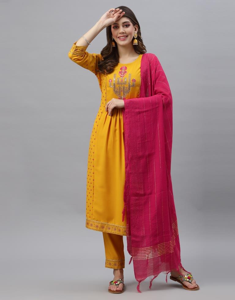 Buy Maa Creation Women and Girls Rayon Fabric Mustard Color Long Kurti with  Pink Dupatta (Yellow_XL) at Amazon.in